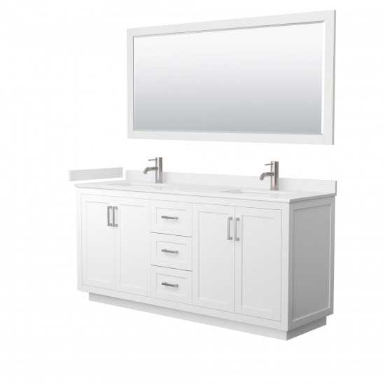 72 Inch Double Bathroom Vanity in White, White Cultured Marble Countertop, Sinks, Nickel Trim, 70 Inch Mirror