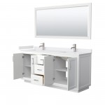 72 Inch Double Bathroom Vanity in White, White Cultured Marble Countertop, Sinks, Nickel Trim, 70 Inch Mirror