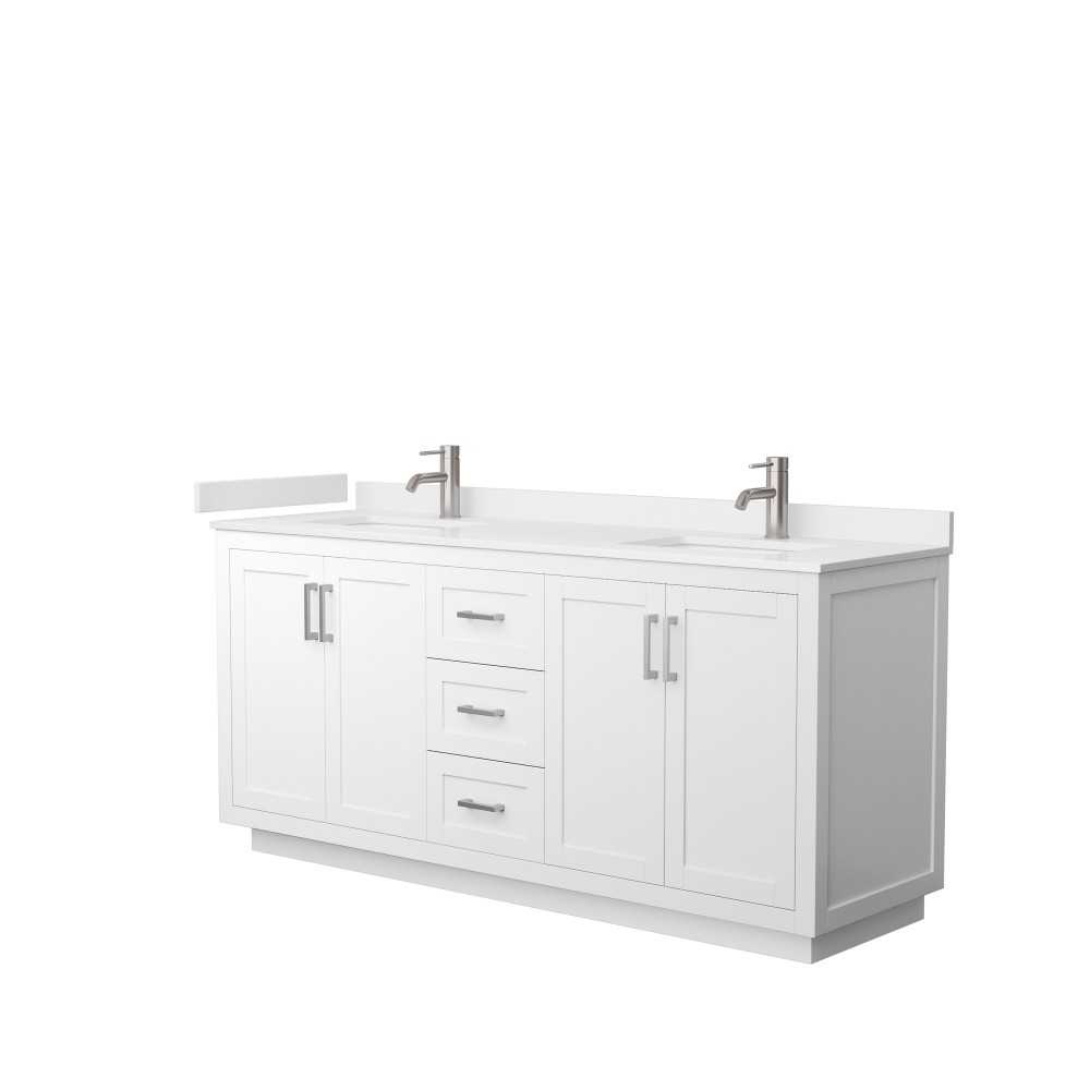 72 Inch Double Bathroom Vanity in White, White Cultured Marble Countertop, Sinks, Nickel Trim