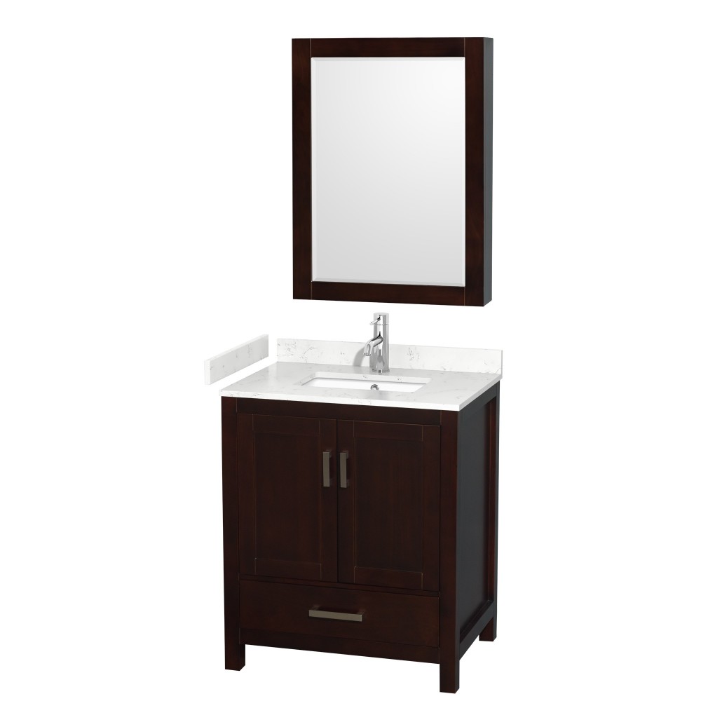 30 Inch Single Bathroom Vanity in Espresso, Carrara Cultured Marble Countertop, Sink, Medicine Cabinet