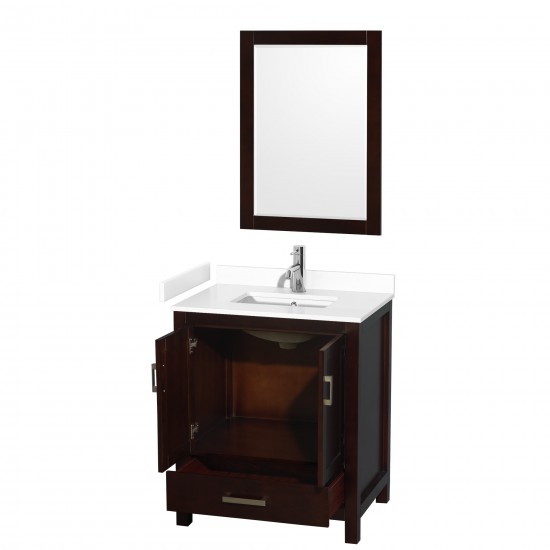 30 Inch Single Bathroom Vanity in Espresso, White Cultured Marble Countertop, Sink, 24 Inch Mirror