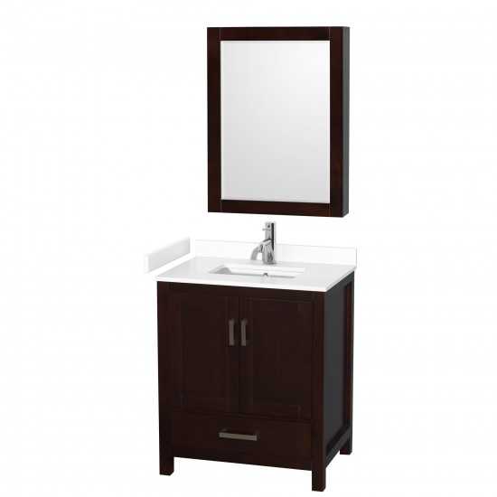 30 Inch Single Bathroom Vanity in Espresso, White Cultured Marble Countertop, Sink, Medicine Cabinet