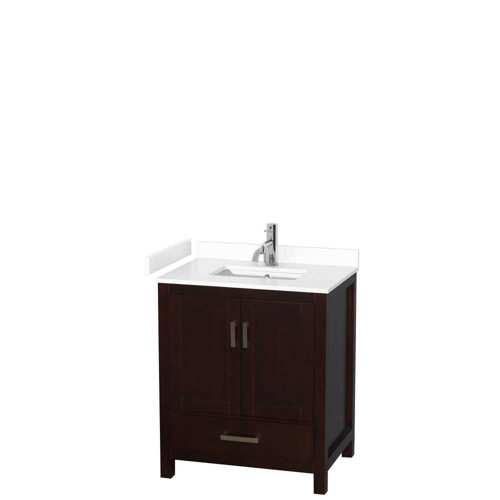 30 Inch Single Bathroom Vanity in Espresso, White Cultured Marble Countertop, Sink, No Mirror