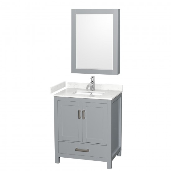 30 Inch Single Bathroom Vanity in Gray, Carrara Cultured Marble Countertop, Sink, Medicine Cabinet