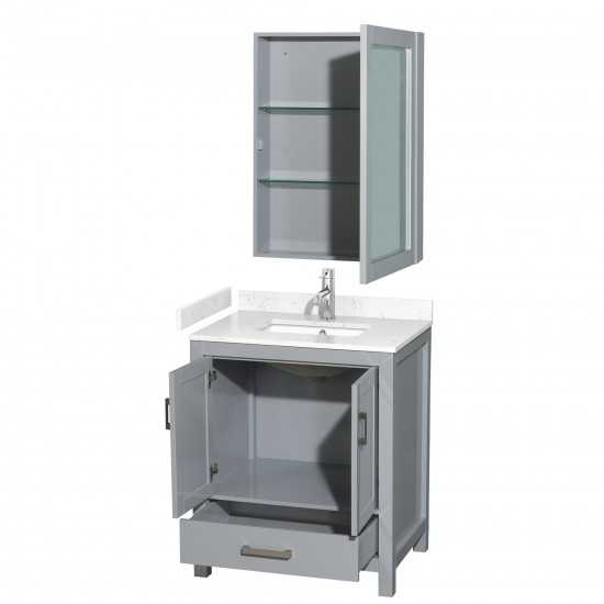 30 Inch Single Bathroom Vanity in Gray, Carrara Cultured Marble Countertop, Sink, Medicine Cabinet