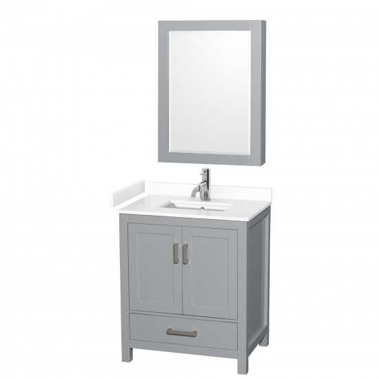 30 Inch Single Bathroom Vanity in Gray, White Cultured Marble Countertop, Sink, Medicine Cabinet