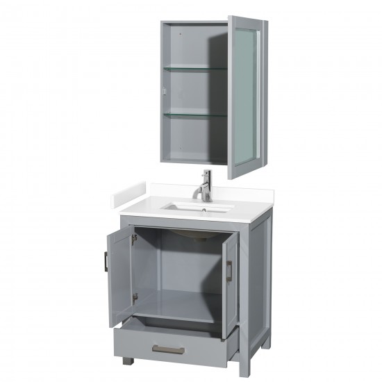 30 Inch Single Bathroom Vanity in Gray, White Cultured Marble Countertop, Sink, Medicine Cabinet