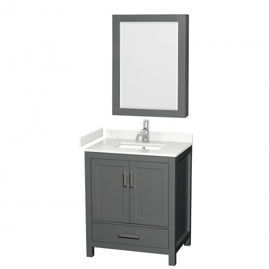 30 Inch Single Bathroom Vanity in Dark Gray, Carrara Cultured Marble Countertop, Sink, Medicine Cabinet