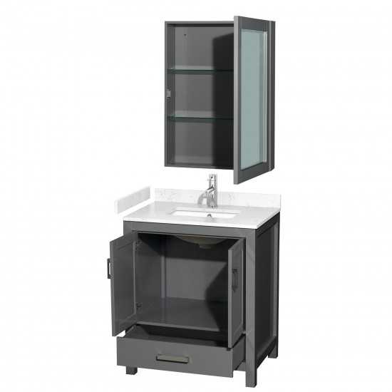 30 Inch Single Bathroom Vanity in Dark Gray, Carrara Cultured Marble Countertop, Sink, Medicine Cabinet