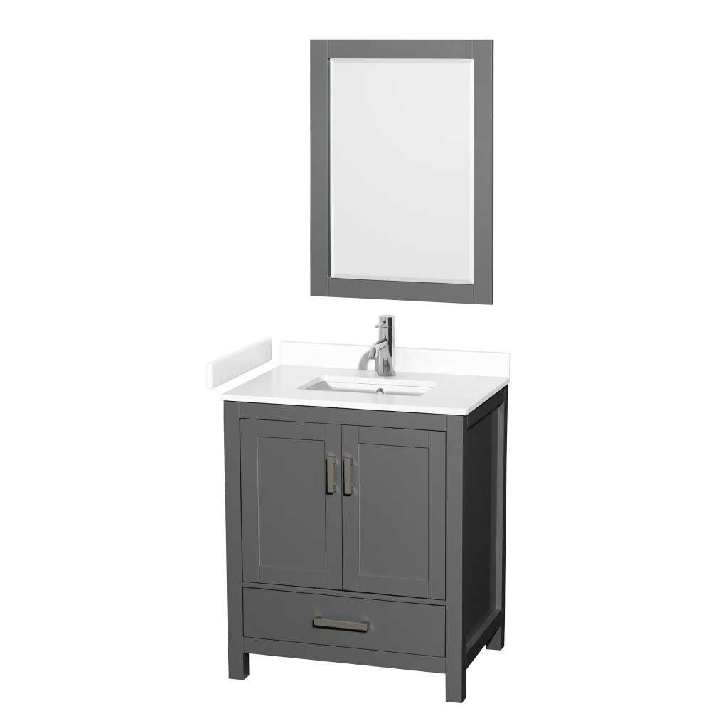 30 Inch Single Bathroom Vanity in Dark Gray, White Cultured Marble Countertop, Sink, 24 Inch Mirror