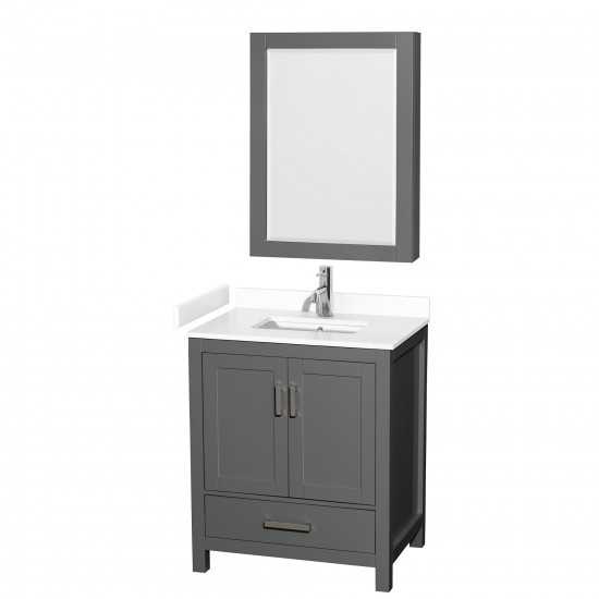 30 Inch Single Bathroom Vanity in Dark Gray, White Cultured Marble Countertop, Sink, Medicine Cabinet