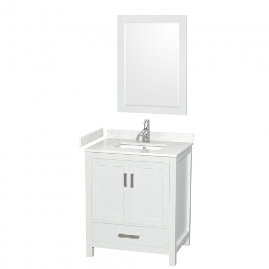 30 Inch Single Bathroom Vanity in White, Carrara Cultured Marble Countertop, Sink, 24 Inch Mirror