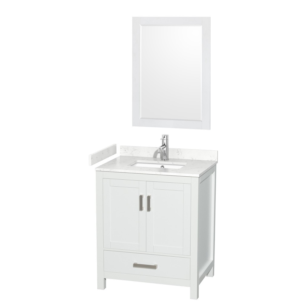 30 Inch Single Bathroom Vanity in White, Carrara Cultured Marble Countertop, Sink, 24 Inch Mirror