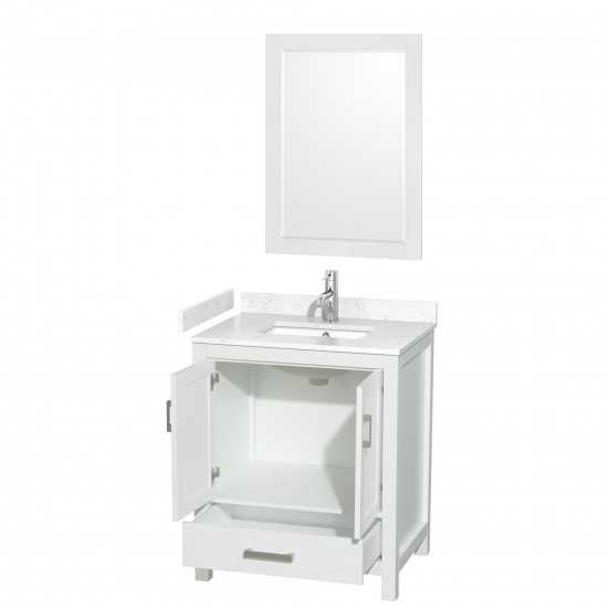 30 Inch Single Bathroom Vanity in White, Carrara Cultured Marble Countertop, Sink, 24 Inch Mirror