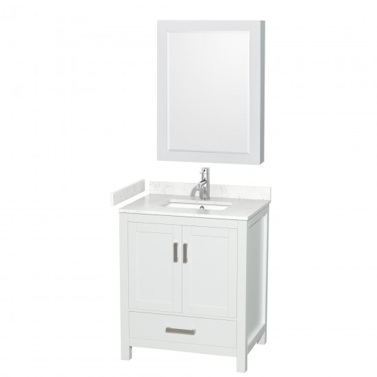 30 Inch Single Bathroom Vanity in White, Carrara Cultured Marble Countertop, Sink, Medicine Cabinet