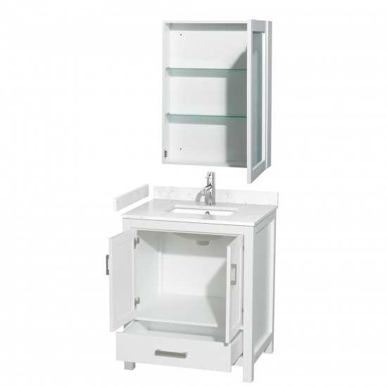 30 Inch Single Bathroom Vanity in White, Carrara Cultured Marble Countertop, Sink, Medicine Cabinet