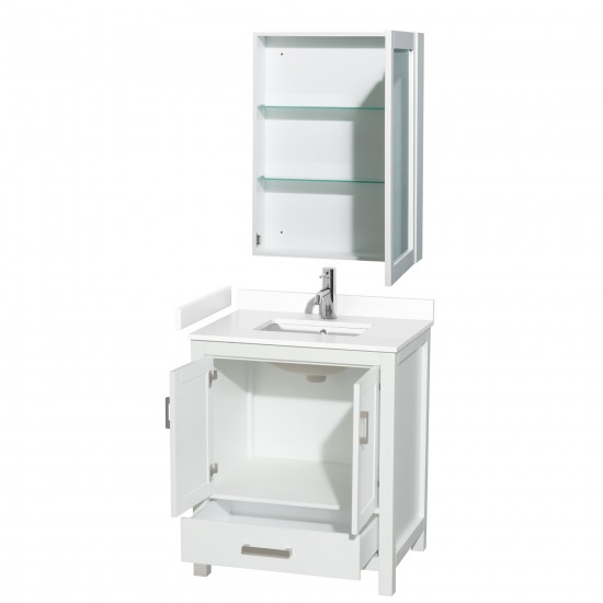 30 Inch Single Bathroom Vanity in White, White Cultured Marble Countertop, Sink, Medicine Cabinet