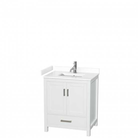 30 Inch Single Bathroom Vanity in White, White Cultured Marble Countertop, Sink, No Mirror