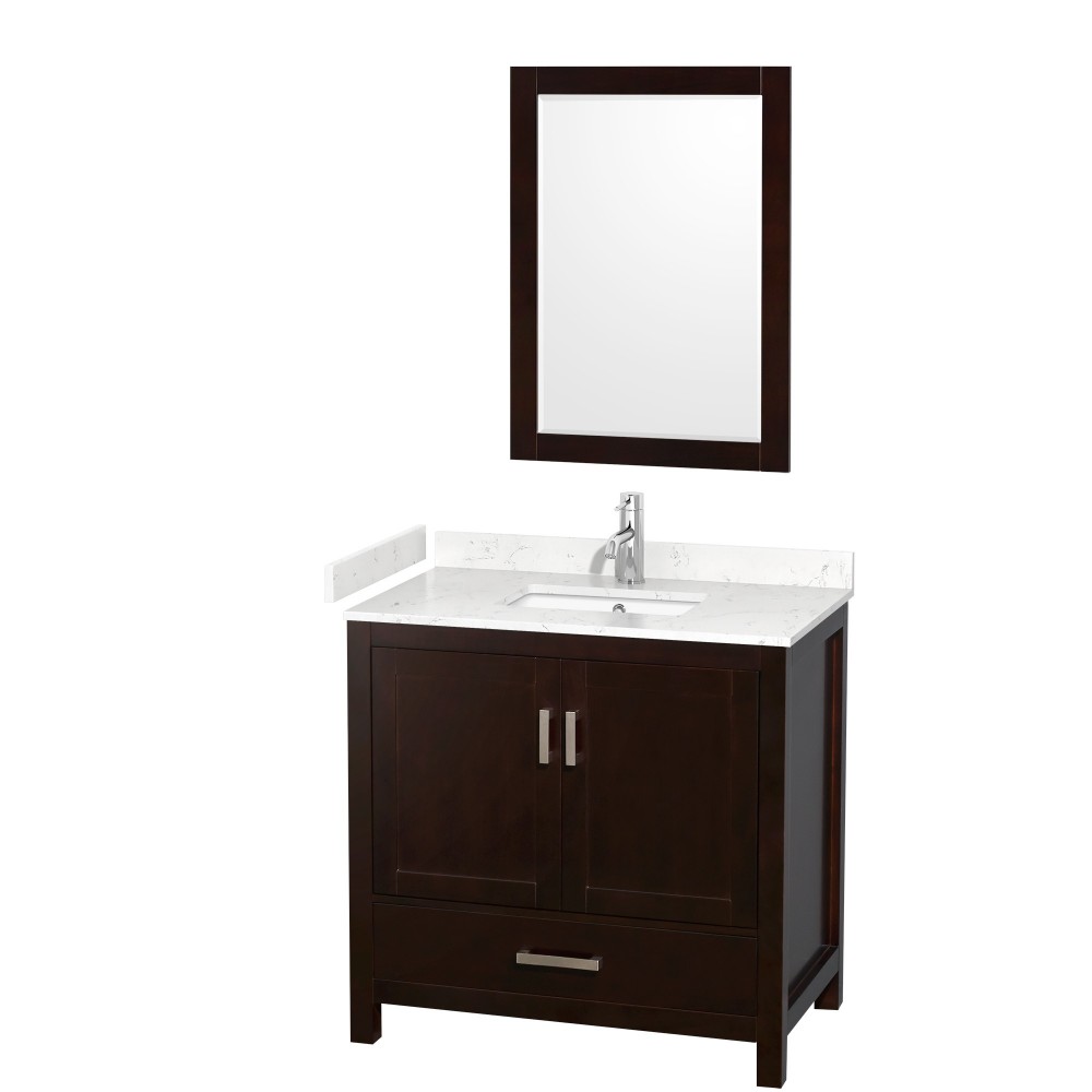 36 Inch Single Bathroom Vanity in Espresso, Carrara Cultured Marble Countertop, Sink, 24 Inch Mirror