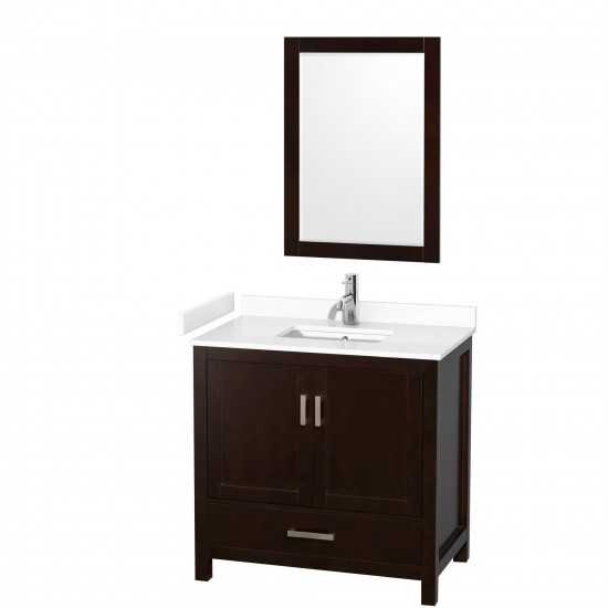 36 Inch Single Bathroom Vanity in Espresso, White Cultured Marble Countertop, Sink, 24 Inch Mirror