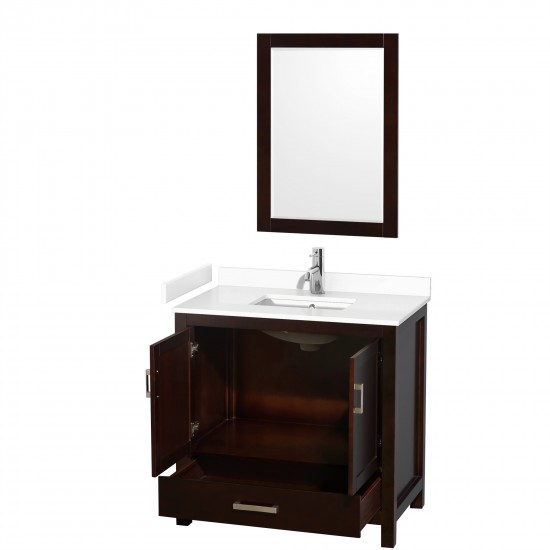 36 Inch Single Bathroom Vanity in Espresso, White Cultured Marble Countertop, Sink, 24 Inch Mirror