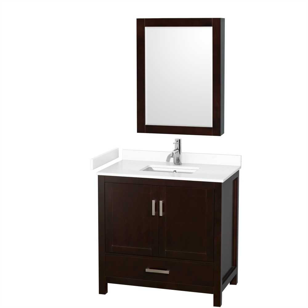 36 Inch Single Bathroom Vanity in Espresso, White Cultured Marble Countertop, Sink, Medicine Cabinet