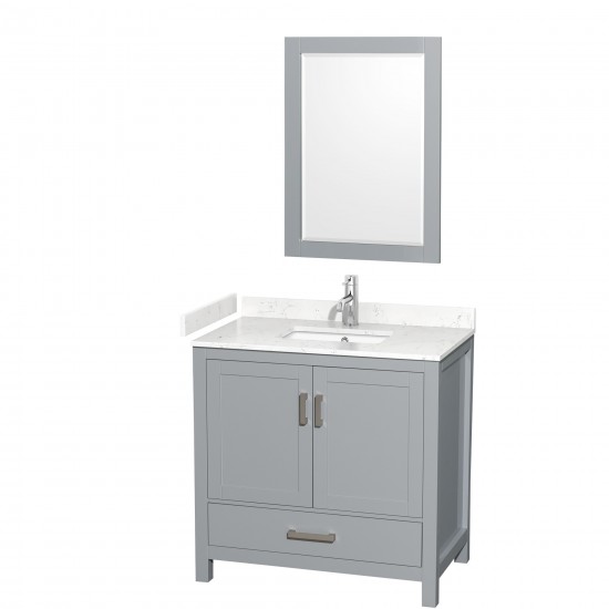 36 Inch Single Bathroom Vanity in Gray, Carrara Cultured Marble Countertop, Sink, 24 Inch Mirror