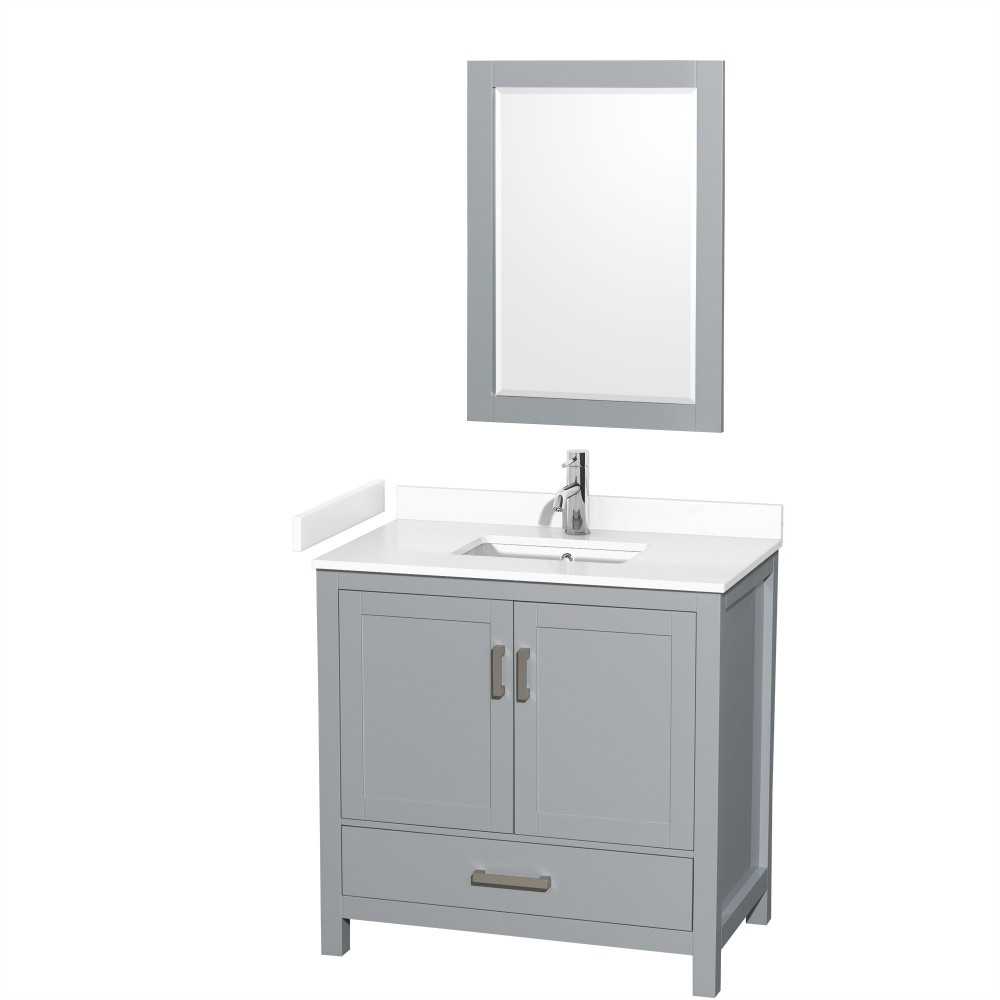 36 Inch Single Bathroom Vanity in Gray, White Cultured Marble Countertop, Sink, 24 Inch Mirror