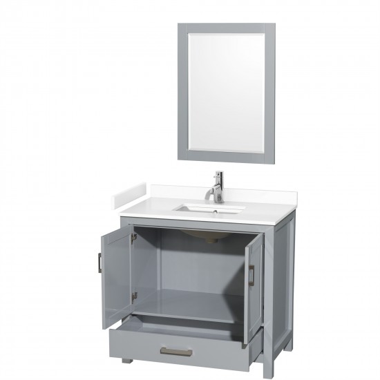 36 Inch Single Bathroom Vanity in Gray, White Cultured Marble Countertop, Sink, 24 Inch Mirror