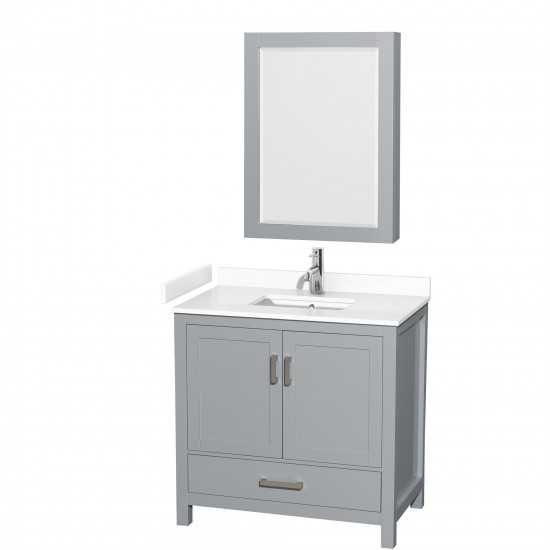 36 Inch Single Bathroom Vanity in Gray, White Cultured Marble Countertop, Sink, Medicine Cabinet