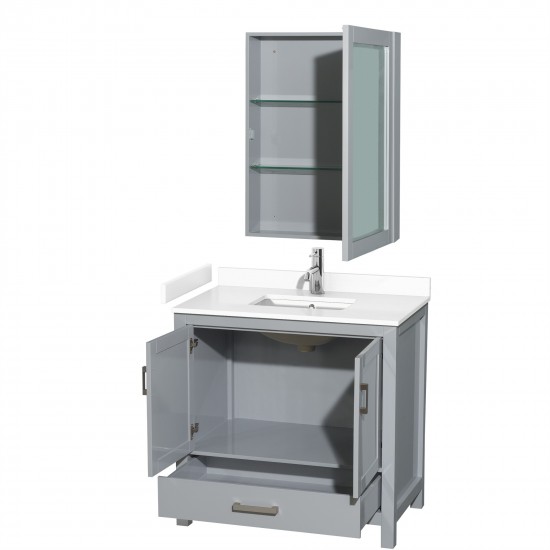 36 Inch Single Bathroom Vanity in Gray, White Cultured Marble Countertop, Sink, Medicine Cabinet