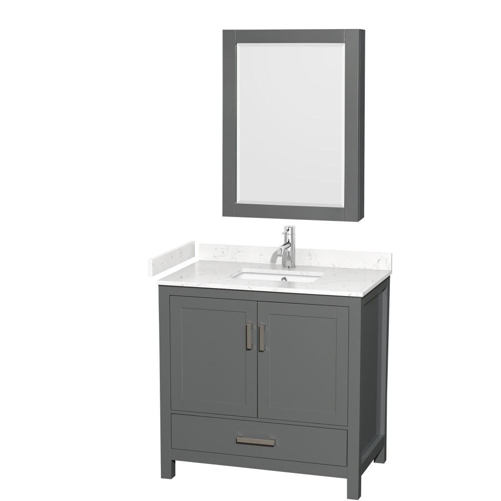 36 Inch Single Bathroom Vanity in Dark Gray, Carrara Cultured Marble Countertop, Sink, Medicine Cabinet