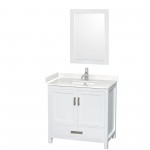 36 Inch Single Bathroom Vanity in White, Carrara Cultured Marble Countertop, Sink, 24 Inch Mirror