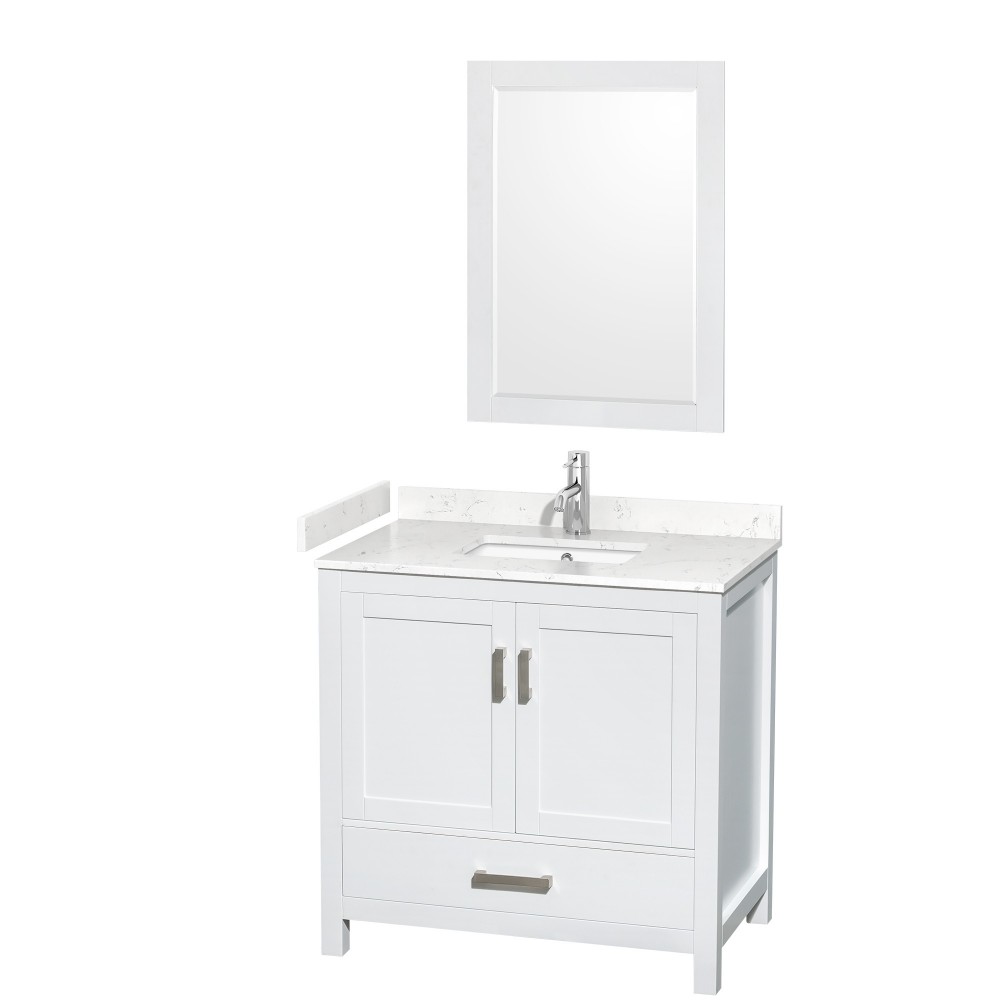 36 Inch Single Bathroom Vanity in White, Carrara Cultured Marble Countertop, Sink, 24 Inch Mirror