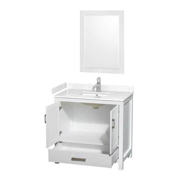 36 Inch Single Bathroom Vanity in White, Carrara Cultured Marble Countertop, Sink, 24 Inch Mirror