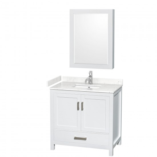 36 Inch Single Bathroom Vanity in White, Carrara Cultured Marble Countertop, Sink, Medicine Cabinet