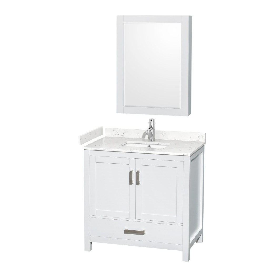 36 Inch Single Bathroom Vanity in White, Carrara Cultured Marble Countertop, Sink, Medicine Cabinet