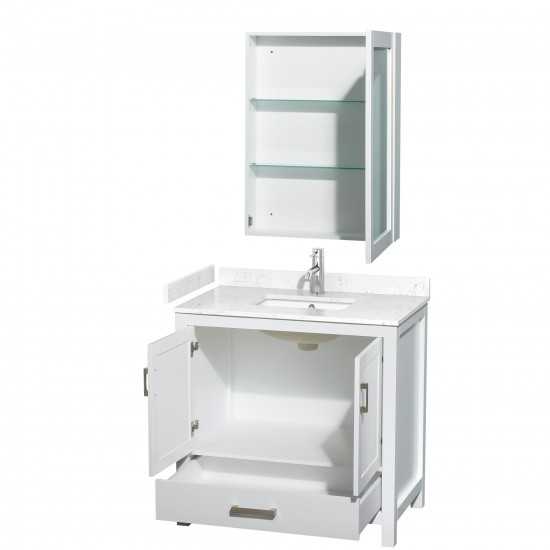 36 Inch Single Bathroom Vanity in White, Carrara Cultured Marble Countertop, Sink, Medicine Cabinet