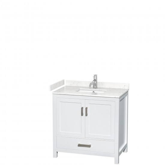 36 Inch Single Bathroom Vanity in White, Carrara Cultured Marble Countertop, Sink, No Mirror