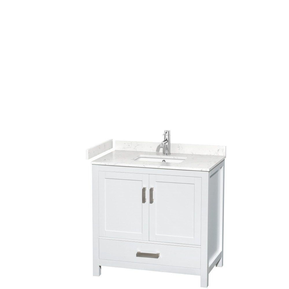 36 Inch Single Bathroom Vanity in White, Carrara Cultured Marble Countertop, Sink, No Mirror