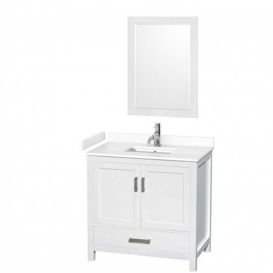 36 Inch Single Bathroom Vanity in White, White Cultured Marble Countertop, Sink, 24 Inch Mirror