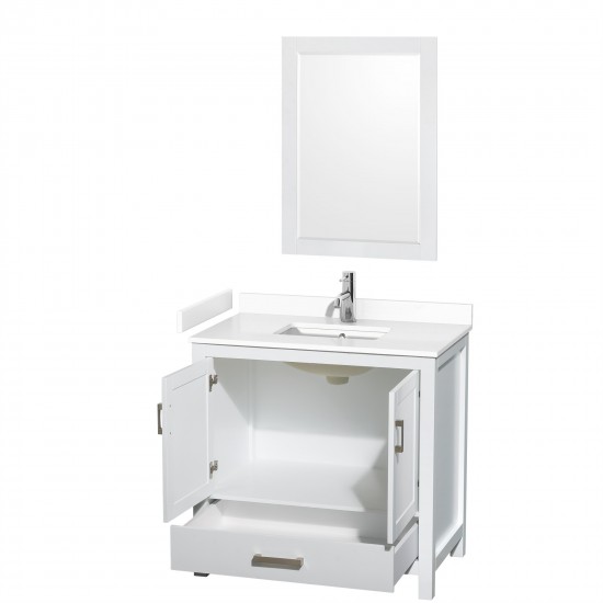 36 Inch Single Bathroom Vanity in White, White Cultured Marble Countertop, Sink, 24 Inch Mirror