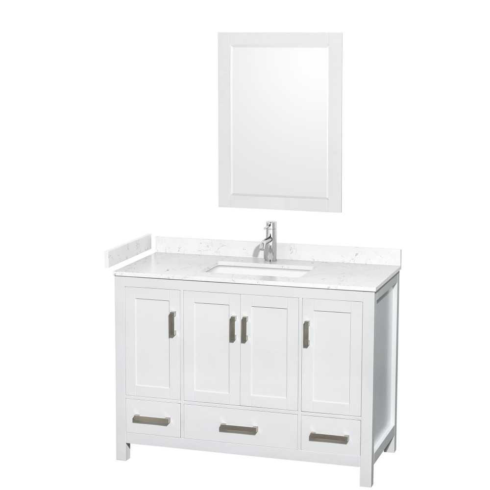 48 Inch Single Bathroom Vanity in White, Carrara Cultured Marble Countertop, Sink, 24 Inch Mirror