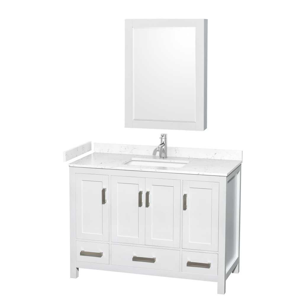 48 Inch Single Bathroom Vanity in White, Carrara Cultured Marble Countertop, Sink, Medicine Cabinet