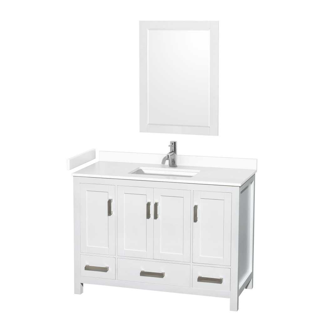 48 Inch Single Bathroom Vanity in White, White Cultured Marble Countertop, Sink, 24 Inch Mirror