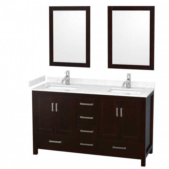 60 Inch Double Bathroom Vanity in Espresso, Carrara Cultured Marble Countertop, Sinks, 24 Inch Mirrors