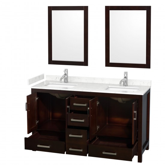 60 Inch Double Bathroom Vanity in Espresso, Carrara Cultured Marble Countertop, Sinks, 24 Inch Mirrors