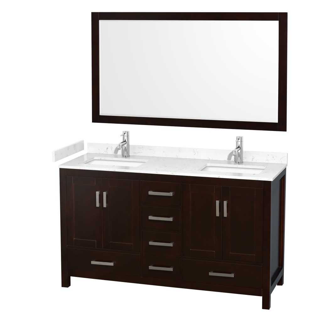 60 Inch Double Bathroom Vanity in Espresso, Carrara Cultured Marble Countertop, Sinks, 58 Inch Mirror