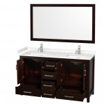 60 Inch Double Bathroom Vanity in Espresso, Carrara Cultured Marble Countertop, Sinks, 58 Inch Mirror