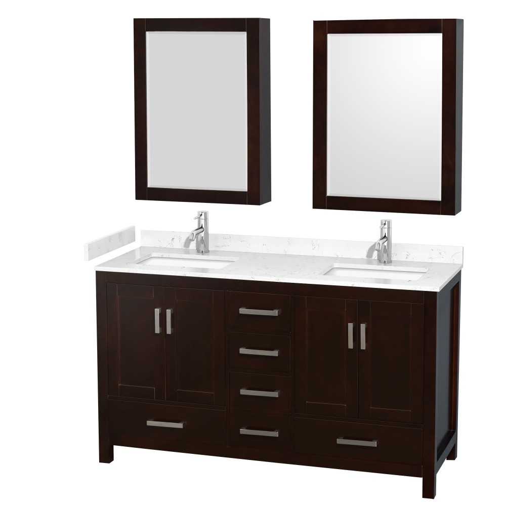 60 Inch Double Bathroom Vanity in Espresso, Carrara Cultured Marble Countertop, Sinks, Medicine Cabinets